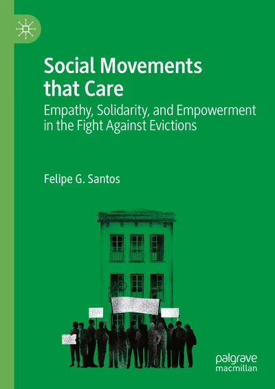 Cover of Social Movements that Care: green cover showing a building and a crowd holding blank banners and signs.